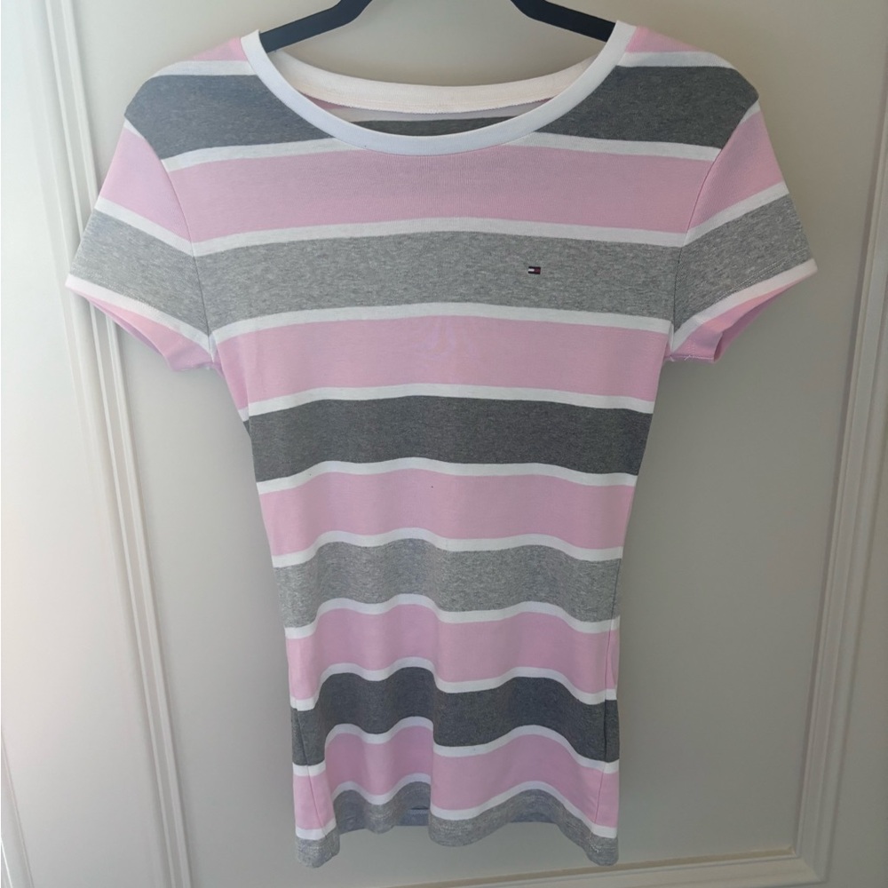 Tommy Hilfiger Pink and Gray Fitted Short Sleeve T-Shirt